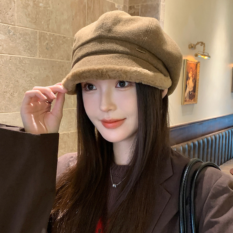 英伦风秋冬复古毛边八角帽女百搭显脸小贝雷帽韩版休闲保暖画家帽|undefined