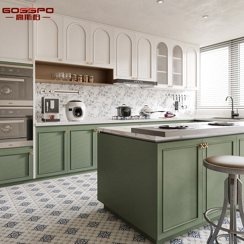 轻法式实木橱柜定制全屋美式欧式复古绿色厨房网红厨柜工厂定做