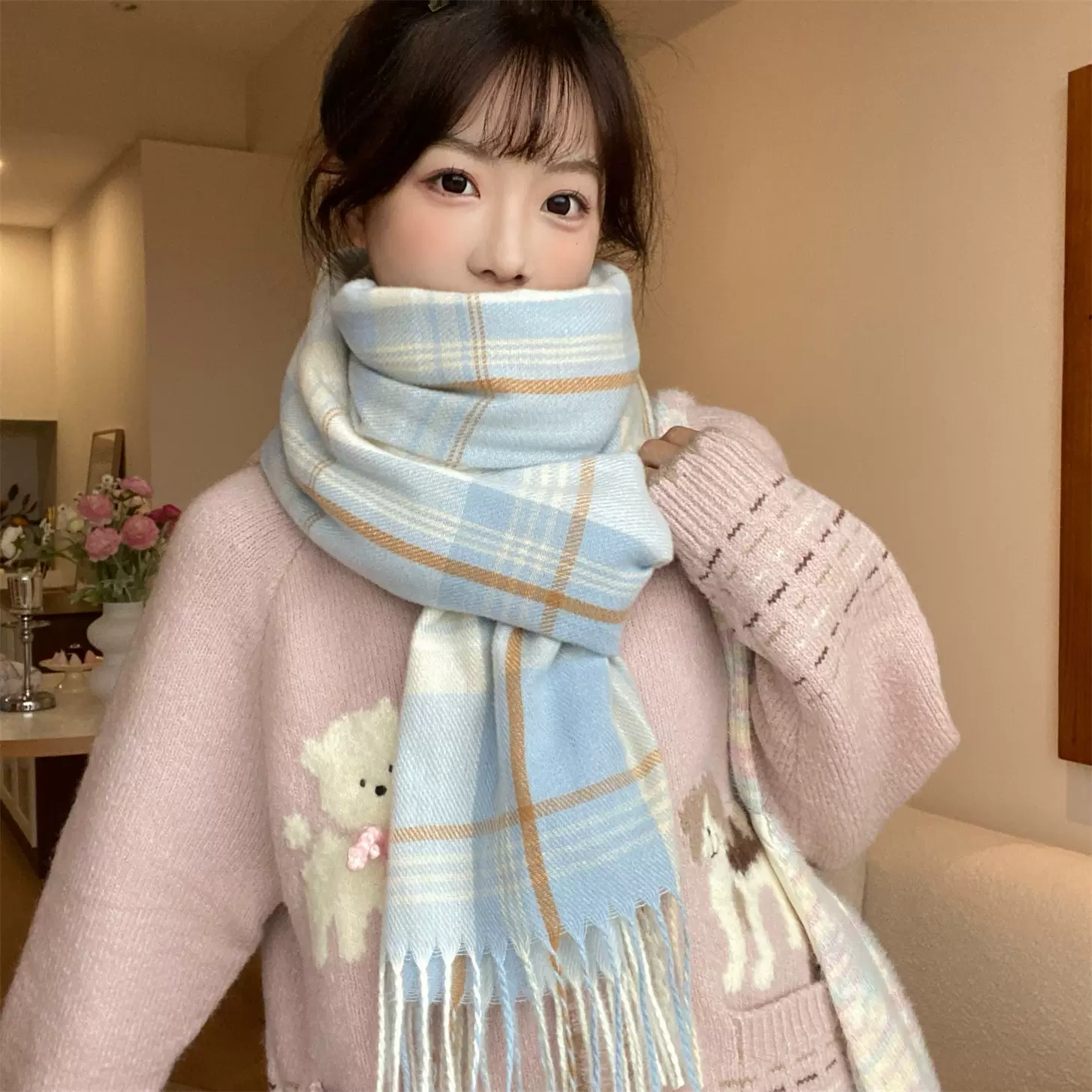 秋冬季欧美新款披肩仿羊绒纯色围巾女士保暖加厚超长圣诞节礼物