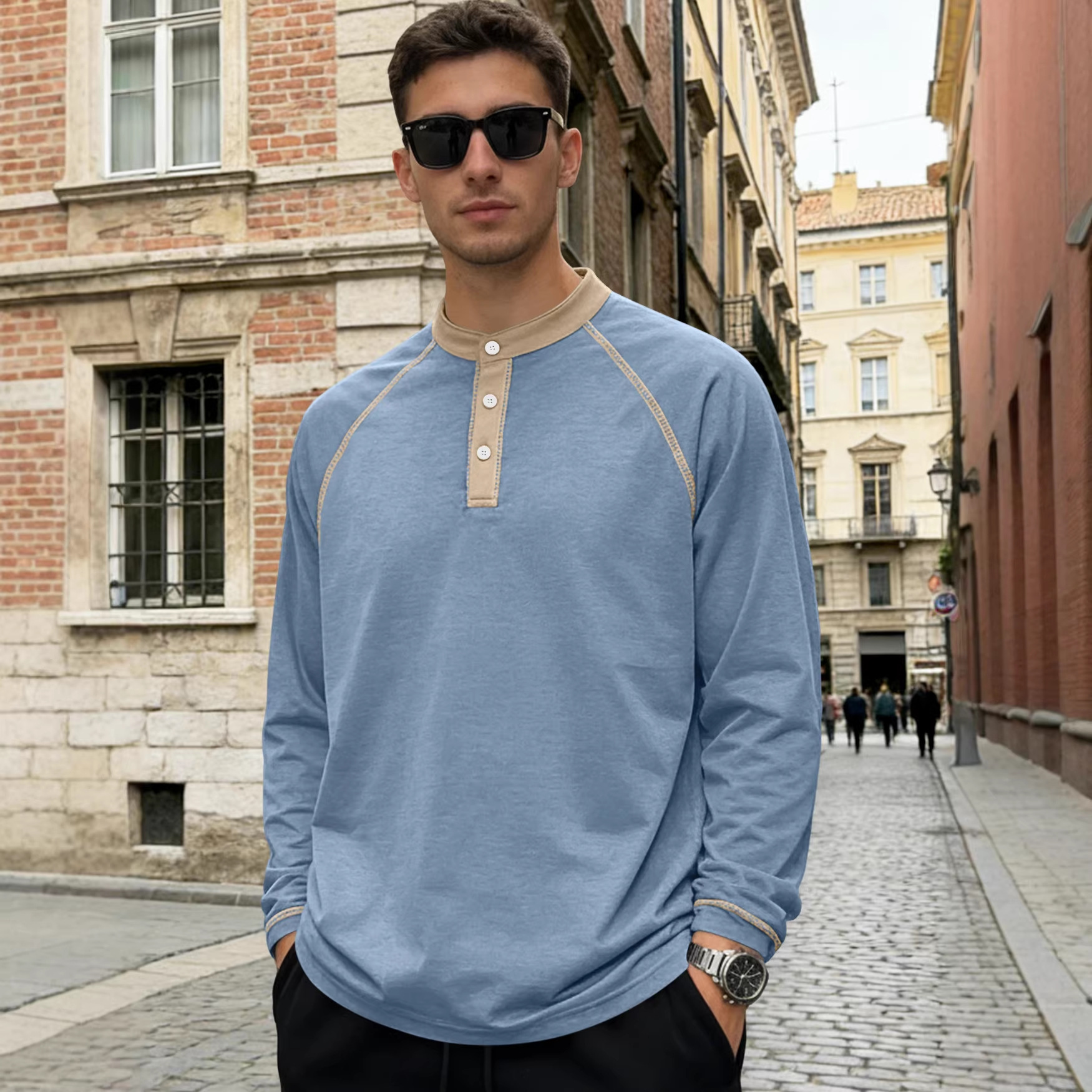 Nuevo Europa y América primavera y otoño nuevo hombre botón de tamaño grande color combinación camiseta deportiva de manga larga camiseta de polo transfronteriza casual