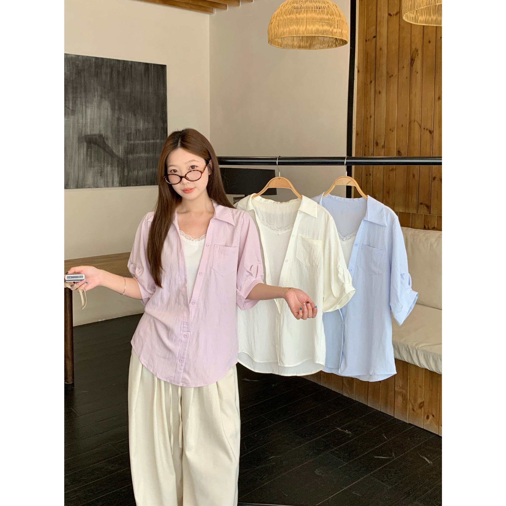 Real shot of 2026 summer plus-size women's faux two-piece shirt with lace splicing, turn-down collar, and textured fabric 81270