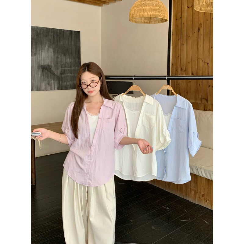 Real shot of 2026 summer plus-size women's faux two-piece shirt with lace splicing, turn-down collar, and textured fabric 81270 Real shot of 2026 summer plus-size women's faux two-piece shirt with lace splicing, turn-down collar, and textured fabric 81270