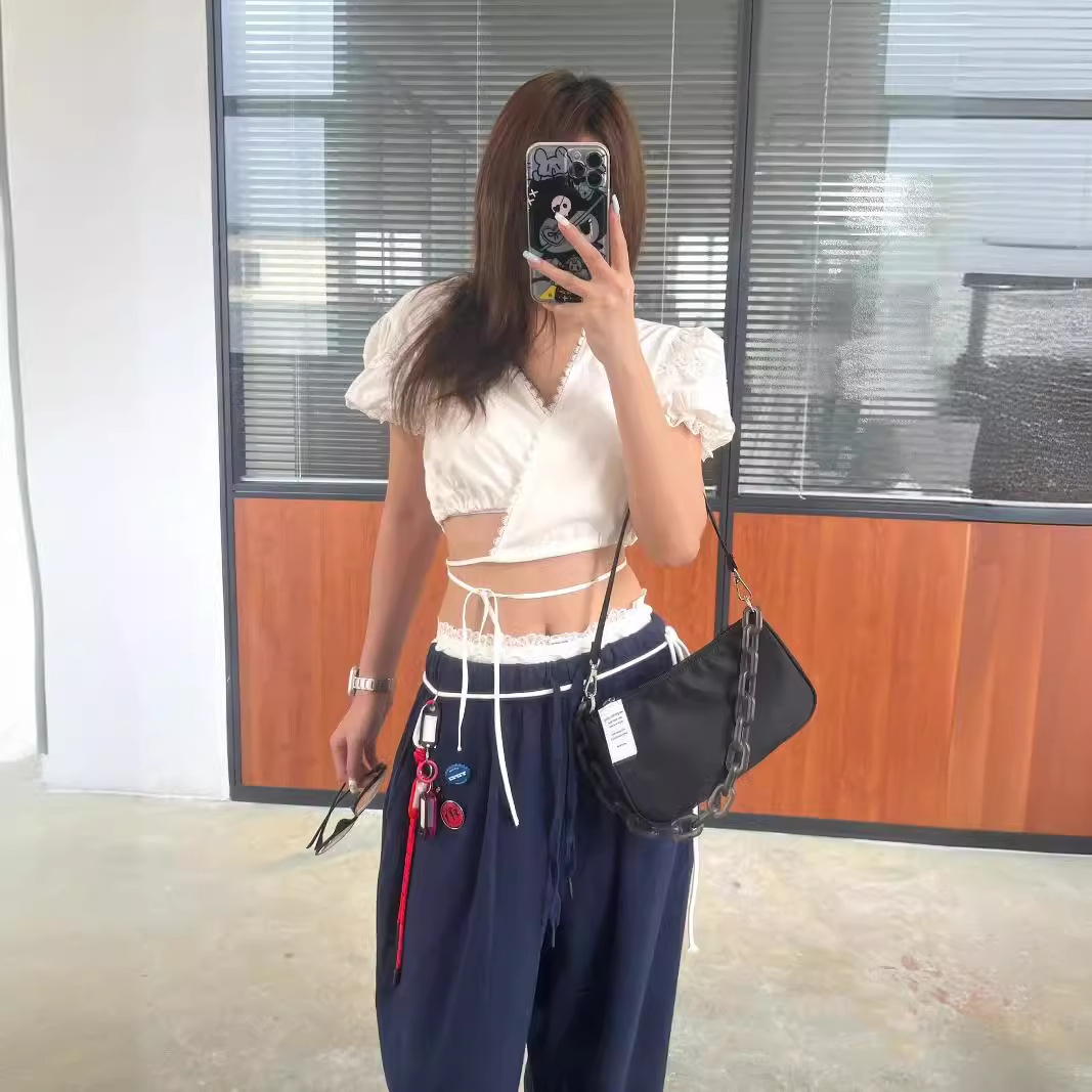 Jennie French Short-sleeved Shirt Women's Loose Embroidered Small Shirt Spice Girl Top Casual Sports Wide Leg Pants suit