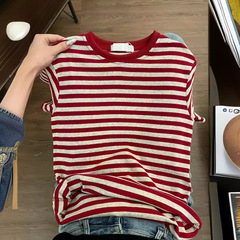 アメリカンクラシックレトロストライプショートショルダーラウンドネック半袖Tシャツ2025夏万能着痩せトップス