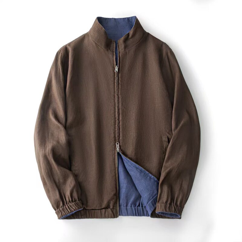 [Lp Version] %Rain Dew Linen Old Money Style Bomber Men's Stand Collar Reversible Jacket Casual Spring and Autumn Jacket