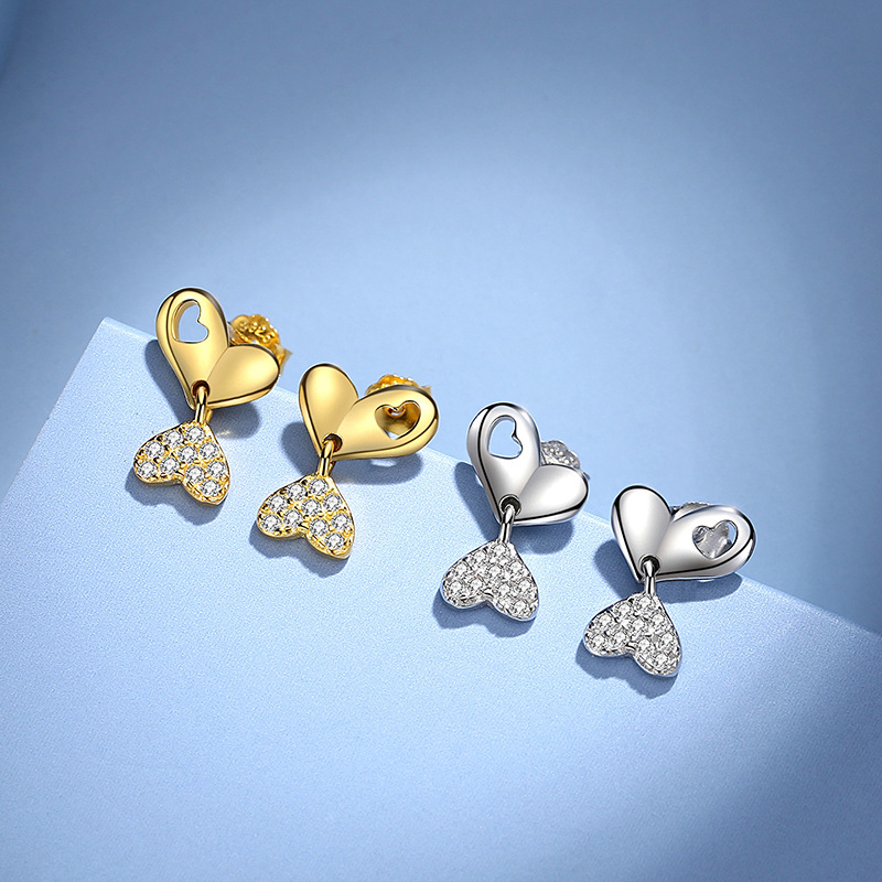 Pendientes creativos del perno prisionero del amor de las mujeres de la plata esterlina S925 estilo coreano diseño en forma de corazón doble Pendientes largos incrustados en diamantes Estilo rojo neto simple