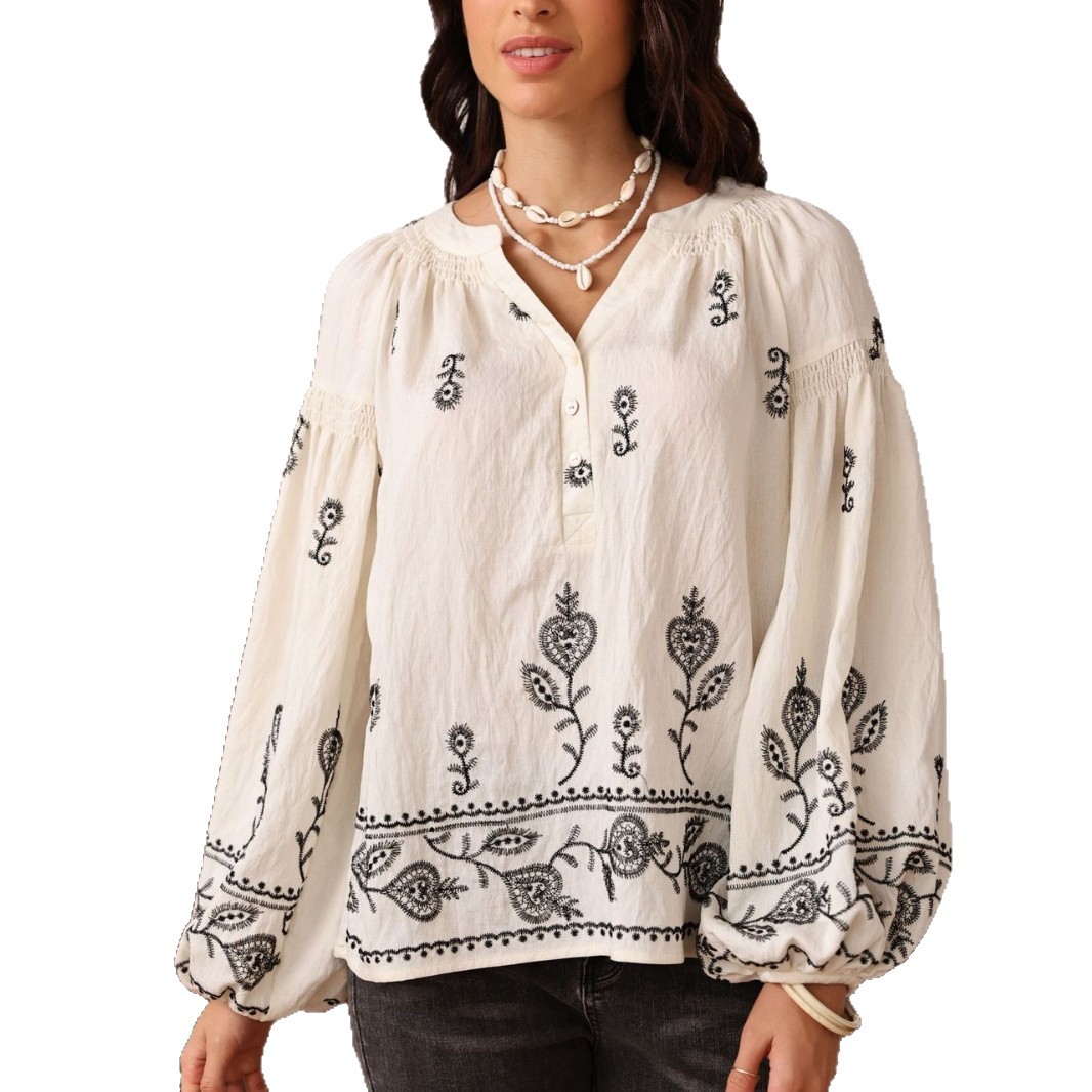 Primavera y otoño Europa y Estados Unidos ropa de mujer transfronteriza manga larga camisa de cuello medio abierto suelta comercio exterior ropa de mujer casual bordada camisa interior