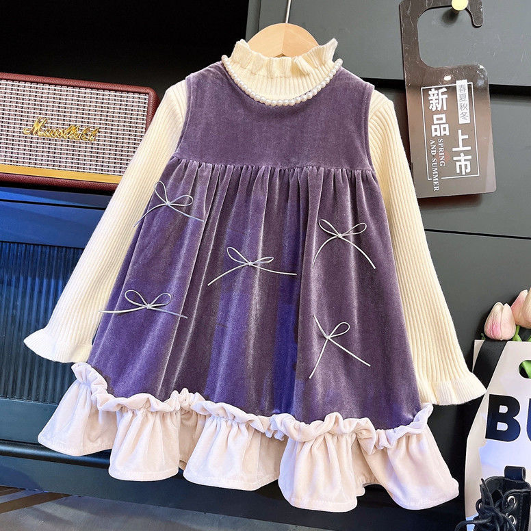 秋冬季丝绒两件套连衣裙女童儿童气质加绒裙子公主礼服针织衫