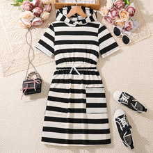 跨境ebay速卖通欧美爆款女童装25夏季时尚条纹连帽短袖收腰连衣裙