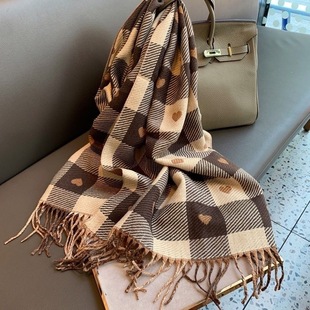 Red Riding Book with Double-sided Love Cashmere Plaid Scarf Women's Winter Tassel Korean Style Retro Long Shawl Scarf
