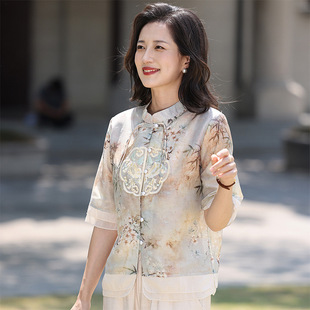 Qianbai Yilian New Chinese Style Petite Mom Summer Shirt 2025 New Embroidered Cardigan Top for Middle-Aged and Elderly Women
