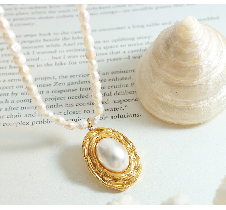 Retro Oval Titanium Steel Inlay Artificial Pearls Earrings Necklace