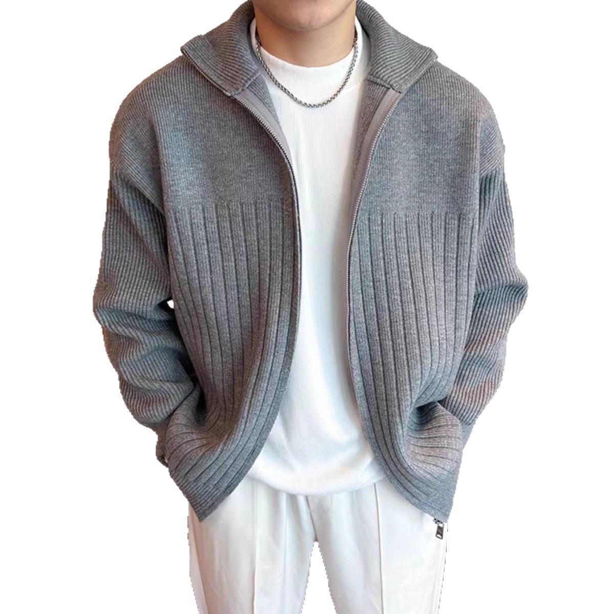 Color sólido retro holga camisa de punto suéter de cuello alto de hombre con cremallera de cuello de moda cardigan chaqueta de alta calidad simple