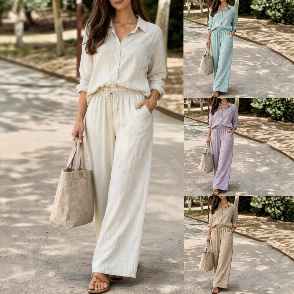 Women's Casual Lapel Pullover Long Sleeve Cotton Multi Color Set Washed Look Pants New_voghion.com