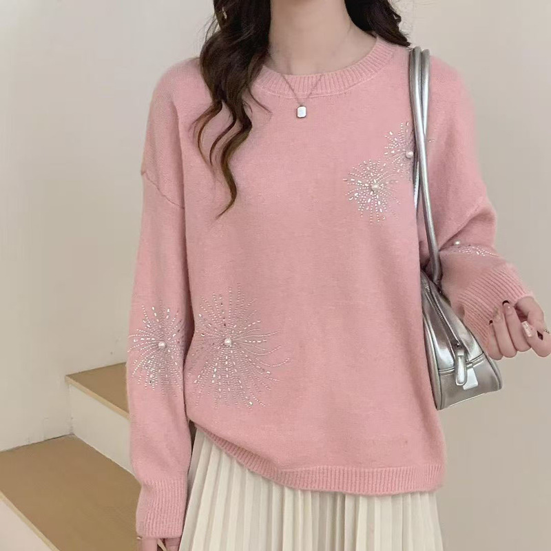 韩系小众设计感烟花烫钻毛衣女2025春季新款宽松显瘦减龄针织上衣|undefined