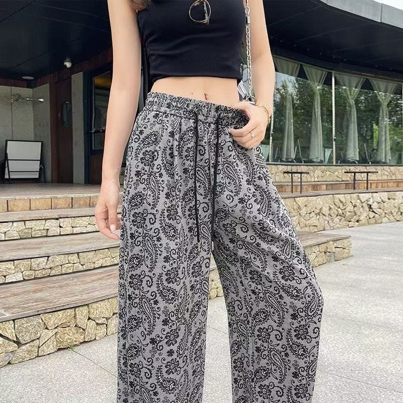 夏の女性向けの新しいレトロプリントワイドレッグパンツ、レイジーハイウエスト、ゆったり、スリム、ストレートレッグ、ポケットなしパンツ|undefined