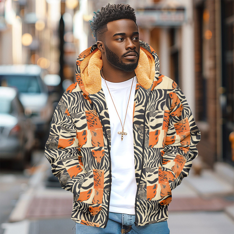 Men's Zip-Up Hoodie, Winter Thickened Parka Coat, Ethnic Tribal Pattern Jacket, Windbreaker, Sweatshirt, Outerwear