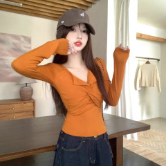 美式辣妹V领扭结修身长袖t恤胖MM秋季新款南瓜色小衫打底上衣