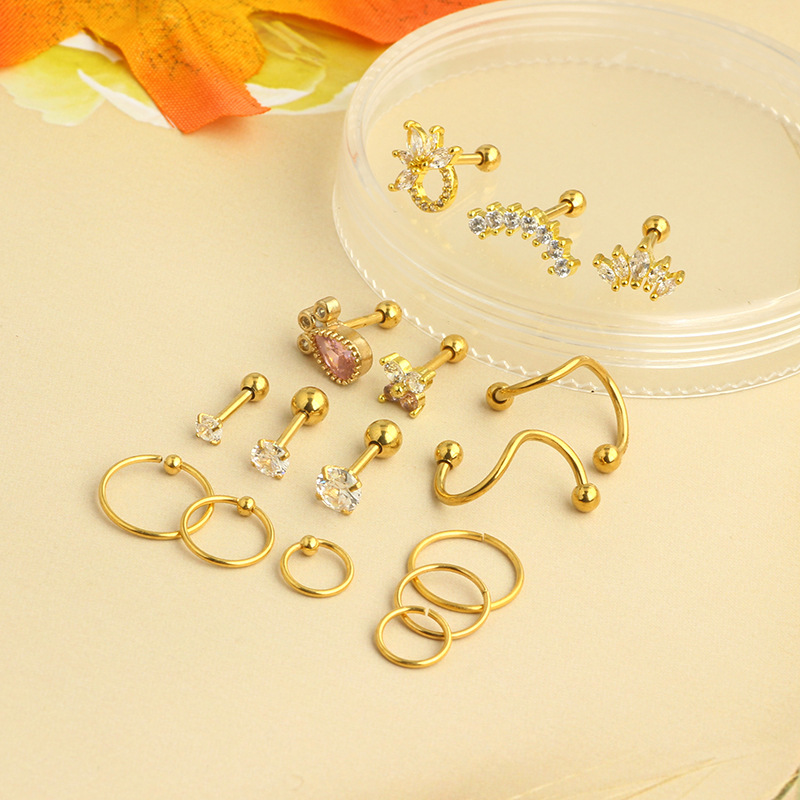 Pink Butterfly Crown Gold Stainless Steel Screw Stud Earring Set for Cartilage Piercing detail image 9