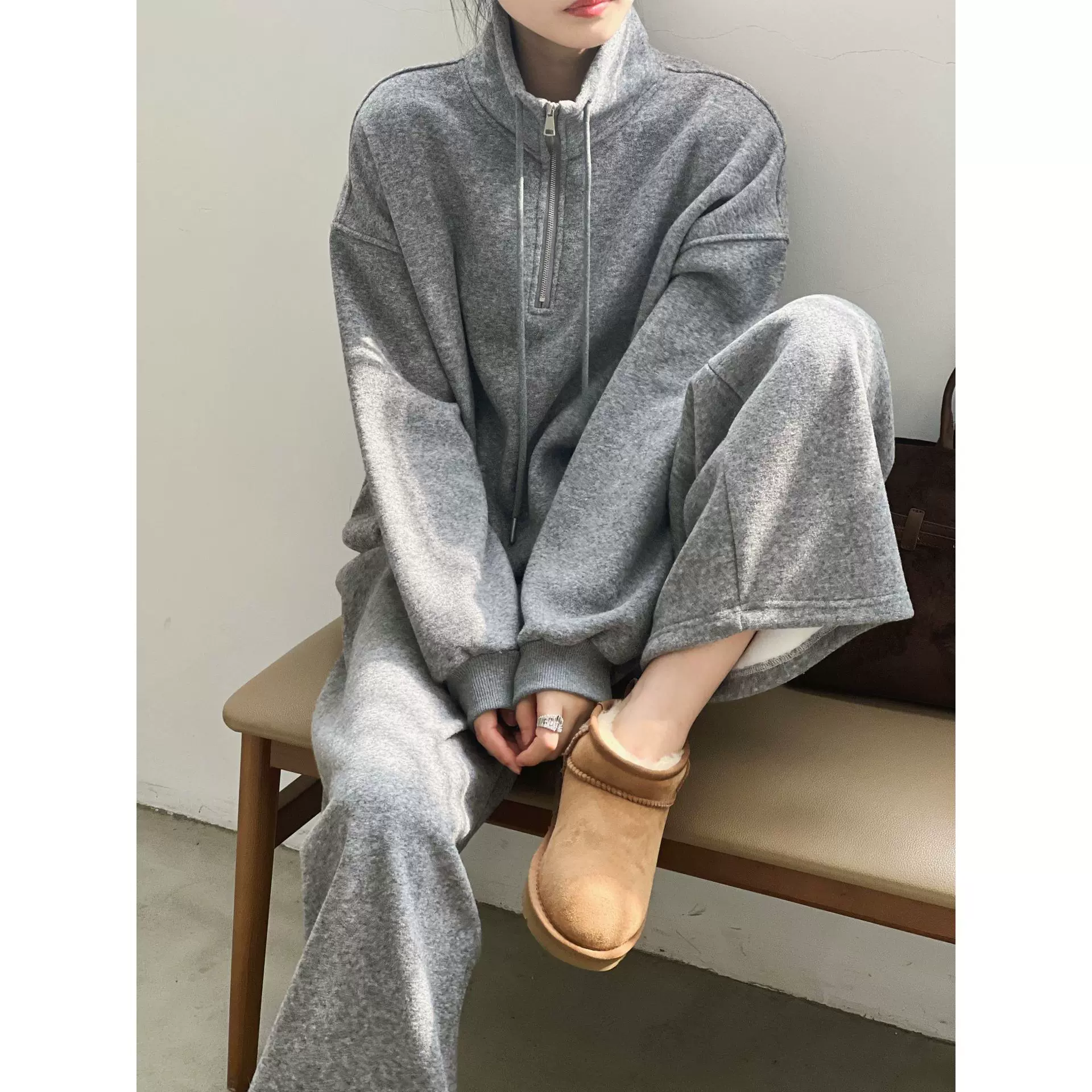 言双 加绒加厚卫衣套装女 秋季韩系设计感休闲卫裤两件套8036