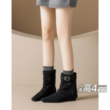 威威女郎 1309-1皮带扣平底裤管靴女内增高绒面尖头气质显瘦短靴