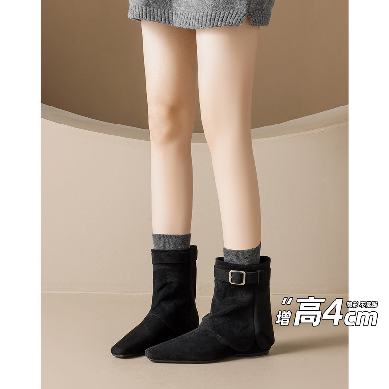 Waiwai Girl 1309-1 Belt Buckle Flat Tube Boots Women's Inner Heightening Suede Pointed Toe Slimming Short Boots