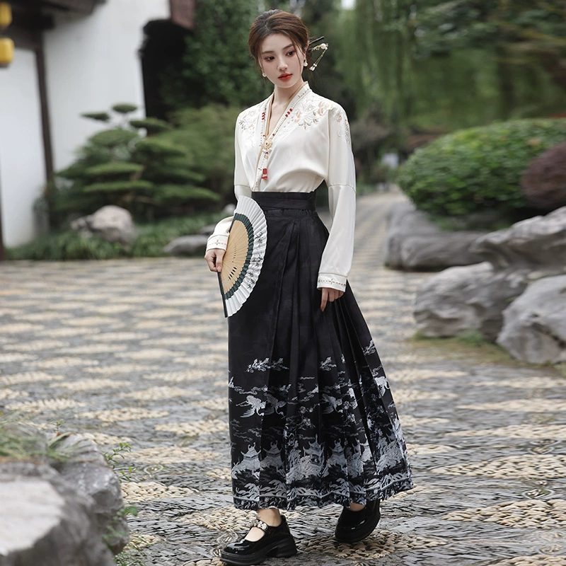 Топ Hanfu Han Element с вышитым крестом и воротником, Женская Осенняя винтажная свободная Модифицированная юбка Hanfu для тяжелой промышленности с конским лицом