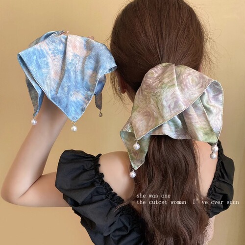 French oil painting pearl square scarf hair tie for women 2025 high-end low ponytail hair tie elegant sweet hair accessory