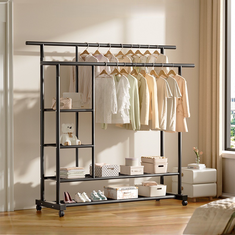 Floor-Standing Clothes Drying Rack for Home Bedroom, Foldable Single Rod Simple Indoor Dormitory Mobile Clothes and Hat Rack