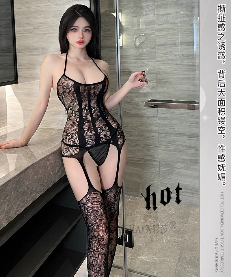 Plus Size Black Mesh Net Bodystocking, Full Body Fishnet Lingerie for Women — detail image 11