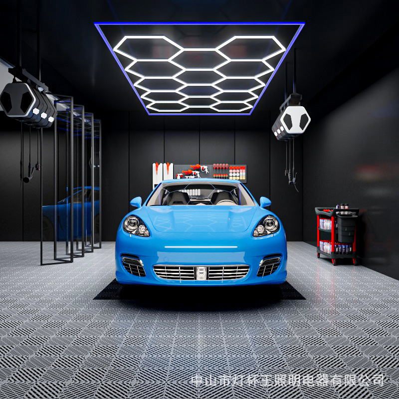Garaje hexagonal transfronterizo automóvil de belleza estación de trabajo lámpara de oficina sala de exposiciones película de polvo impermeable lavado de automóviles lámpara de panal