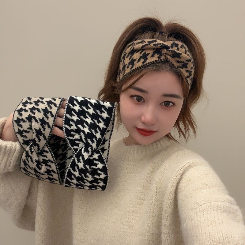 2025 新しい帽子ウールニット千鳥格子ヘアバンド女性のワイドエッジ産後ターバンクロス秋と冬の外出|undefined