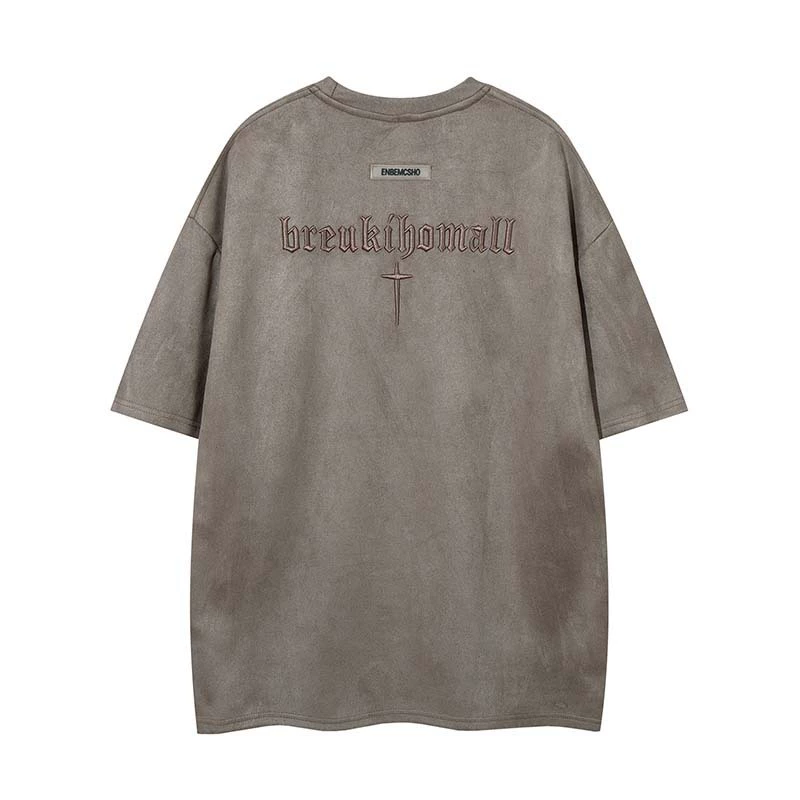 Американский ретро-алфавит перекрестная звезда вышивка замшевая футболка с круглым вырезом с короткими рукавами для мужчин и женщин прилив бренда свободного досуга TEE