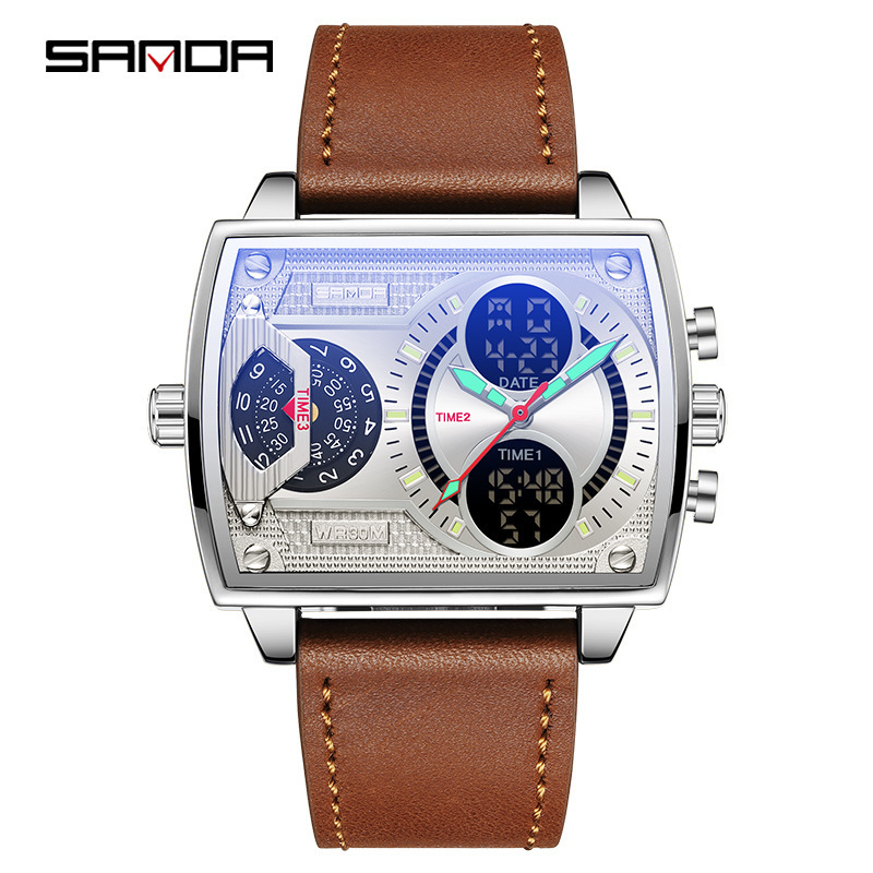 Sanda sanda6032 Harajuku estilo reloj electrónico doble pantalla multifuncional cinturón hombres moda cuadrado reloj personalizado