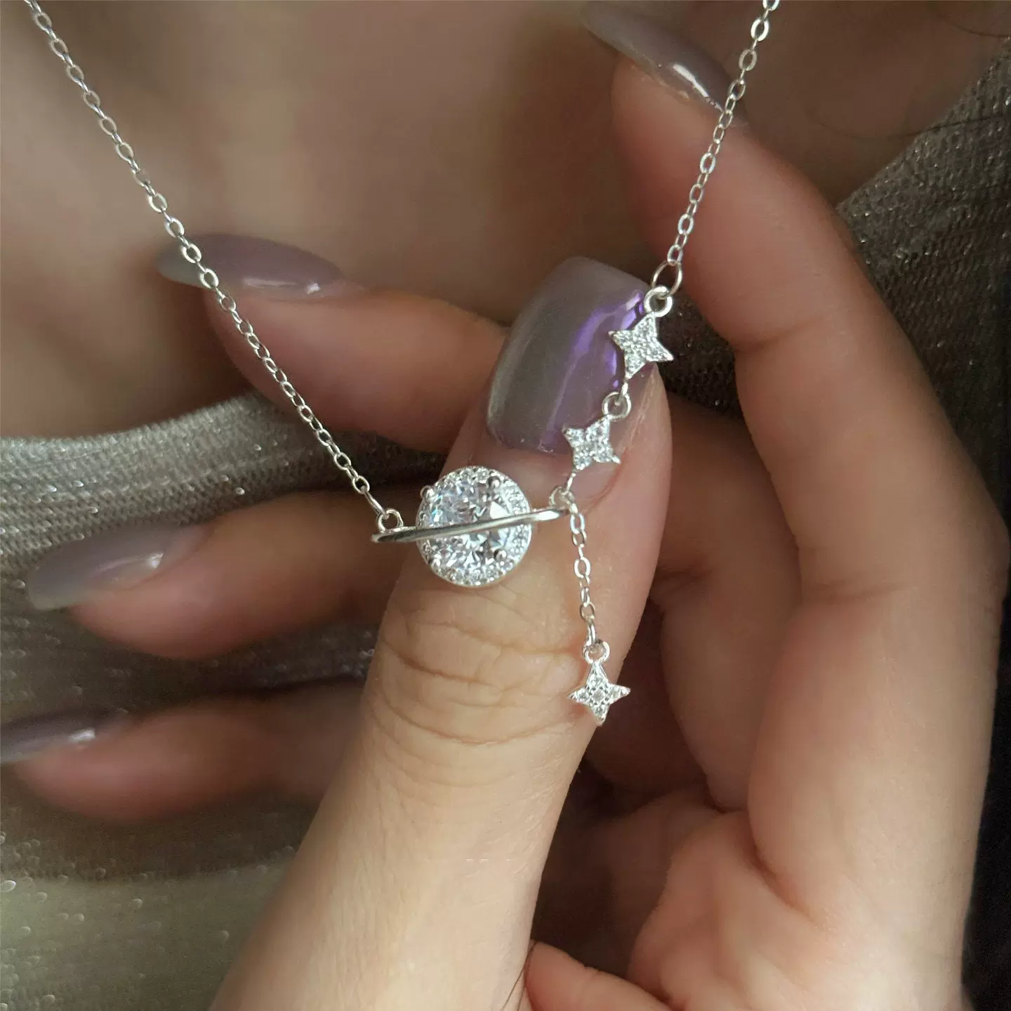 韩版新款月落星纱星球轨迹闪钻项链女简约小众设计感轻奢锁骨链女