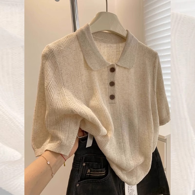 High-End Oatmeal Color Polo Collar Right Shoulder Knitted Ice Silk Short-Sleeved T-Shirt for Women Summer Loose Single Wear Nice Top