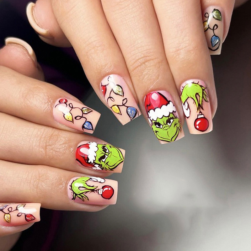 Short Shiny Square Nails European and American Cross-Border Export Christmas Red and Green Color Green Devil Grinch Wearable Nails 24 Pieces Short Shiny Square Nails European and American Cross-Border Export Christmas Red and Green Color Green Devil Grinch Wearable Nails 24 Pieces