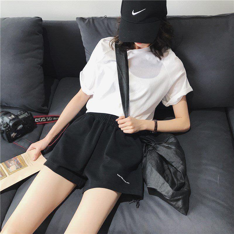 Korean style loose student versatile 2024 Summer thin new black casual high waist running sports wide leg shorts