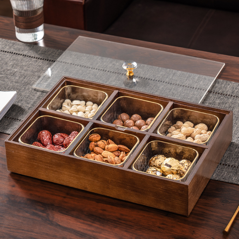 Nueva caja de frutas secas de madera china, caja de almacenamiento de bocadillos de nueces, bandeja de frutas dividida, bandeja de dulces doméstica de nueva casa