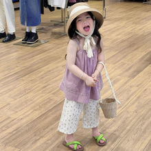 韩国童装2024夏季新款女童蕾丝吊带娃娃衫儿童森系碎花喇叭裤套装
