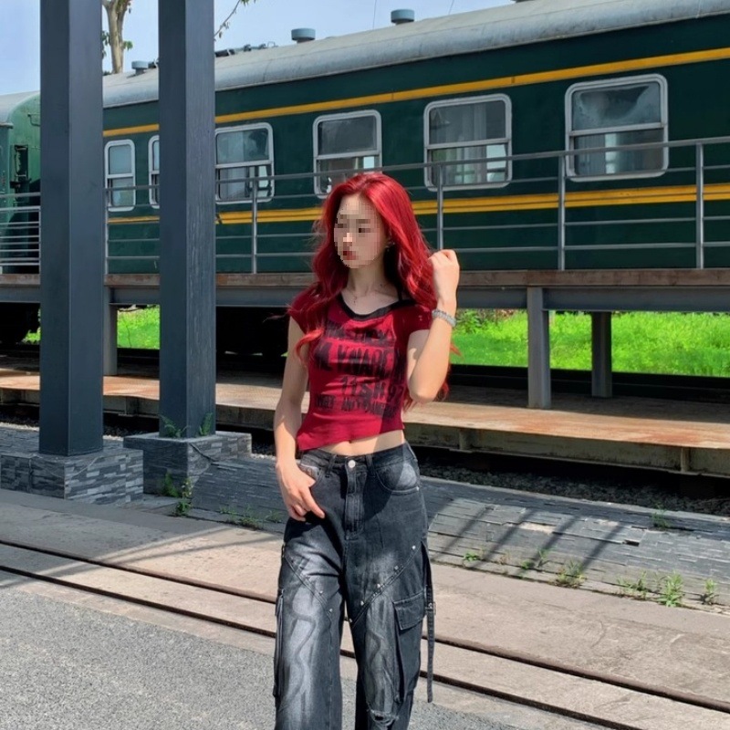 D44번 # 여름용 여성용 스위트 핫걸 레터 프린트 반팔 티셔츠, 비대칭 어깨, 불규칙한 슬림핏 쇼트 탑