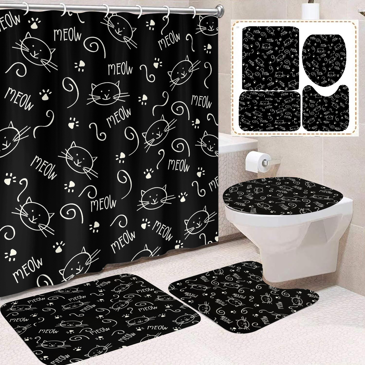 Fuente de fabricantes Amazon animales gatos niños cortina de ducha impermeable a prueba de moho cortina de ducha inodoro partición de baño divertido