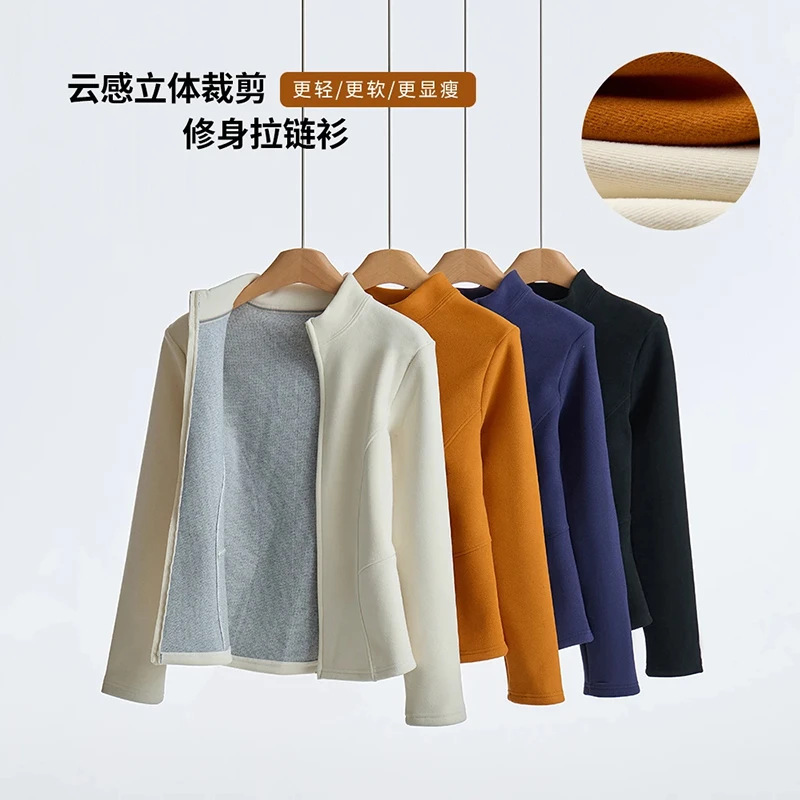 Autumn and Winter New Double Zipper Graphene Jacket Stand Collar Fishbone Waistline Fleece-Lined Warm Slimming Look Yoga Wear for Women Autumn and Winter New Double Zipper Graphene Jacket Stand Collar Fishbone Waistline Fleece-Lined Warm Slimming Look Yoga Wear for Women