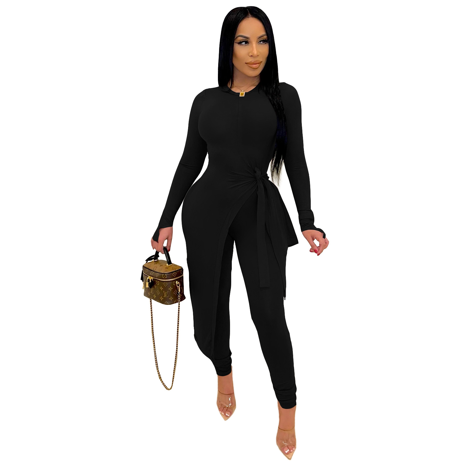 Solid Color Long-Sleeved Irregular Top Trousers Top NSSZC111539