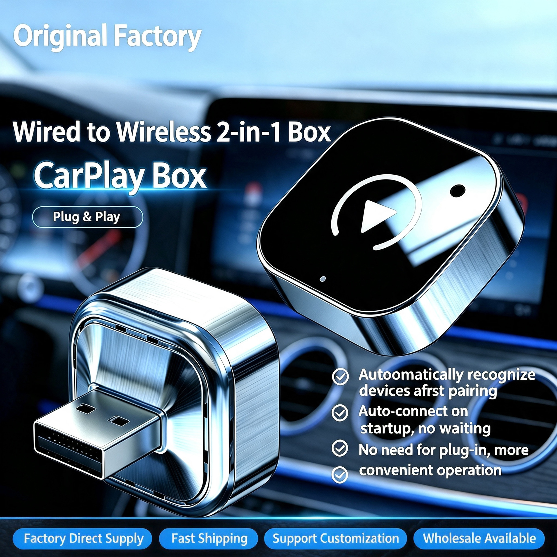 Cross-Border Wireless Carplay Converter Compatible with iPhone and Android, Bluetooth with No Delay, Can Be Used for Hands-Free Calls in the Car