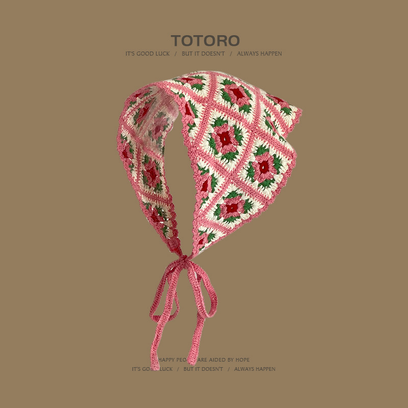 Turbante retro francés, bufanda triangular para mujer, diadema, salida de primavera y verano, dulce y lindo, estilo artístico de ganchillo hecho a mano, sombrero de Baotou