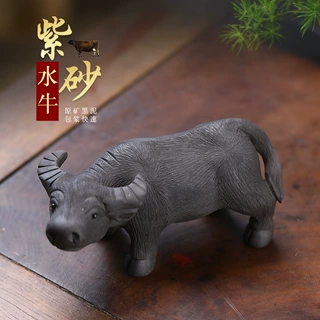 宜兴紫砂手工生肖牛茶宠卧牛摆件创意雕塑可养 拉毛水牛 牛气冲天