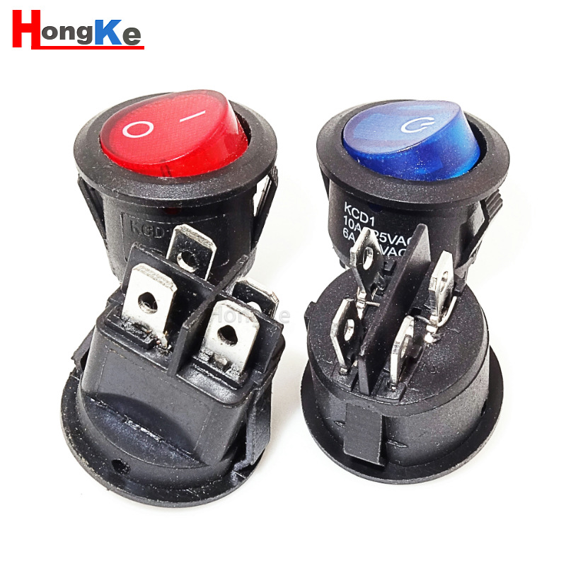 船型开关KCD2四脚两档圆形上圆下方 跷板开关4脚带灯圆型翘板开关