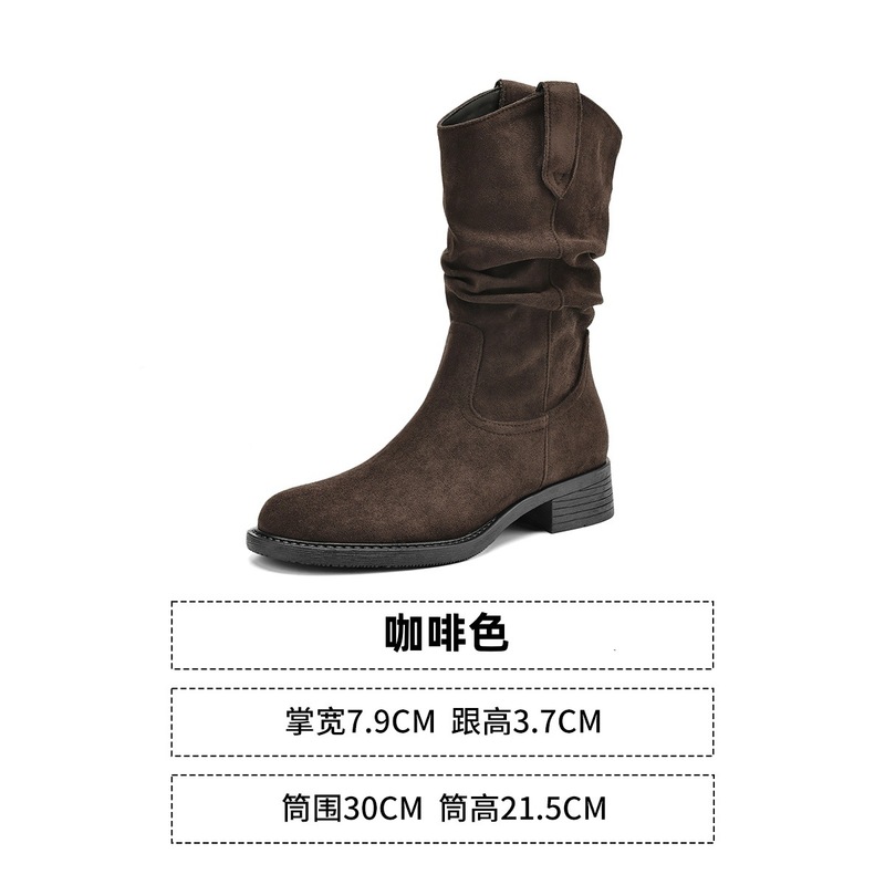 堆堆靴子女2025年秋季新款复古美拉德西部牛仔短靴粗跟中筒马丁靴|undefined