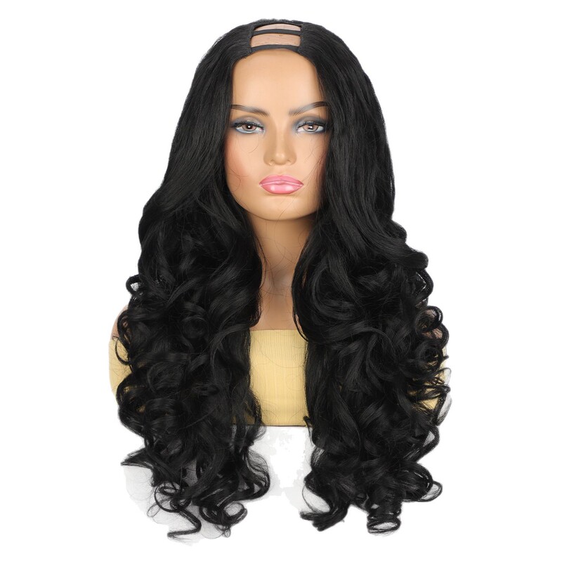 欧米国境を越えた黒いふわふわU型フルヤキかつら長いカールの髪の半分のカバーUパートWigs|undefined